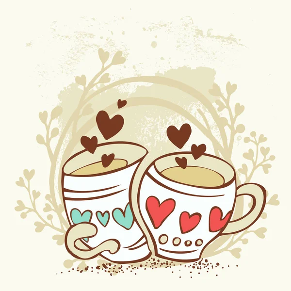 Two cartoon cups fall in love — Stock Vector