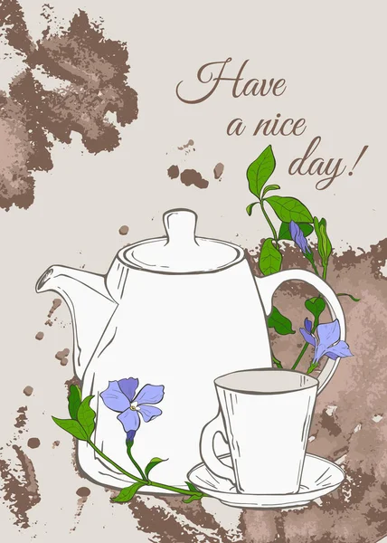 Affiche vintage avec théière et tasse et fleurs de pervenche sur fond brun — Image vectorielle