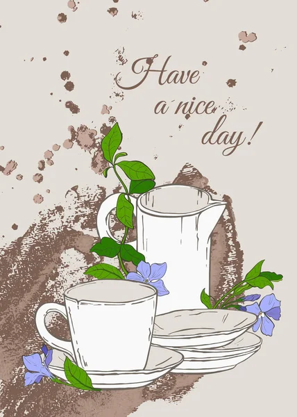 Affiche vintage avec théière et tasse et fleurs de pervenche sur fond brun — Image vectorielle