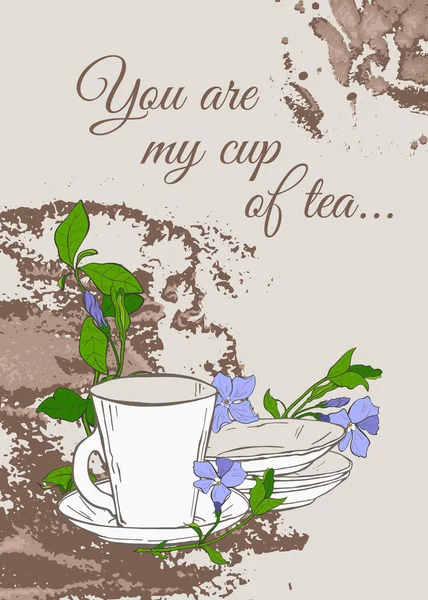 Vintage-Poster mit Teekanne und Tasse und Blumen von Perlmutt auf braunem Hintergrund. — Stockvektor