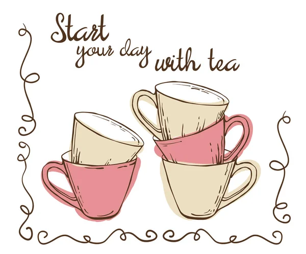 Set leerer Tassen für Tee mit Schnörkeln — Stockvektor