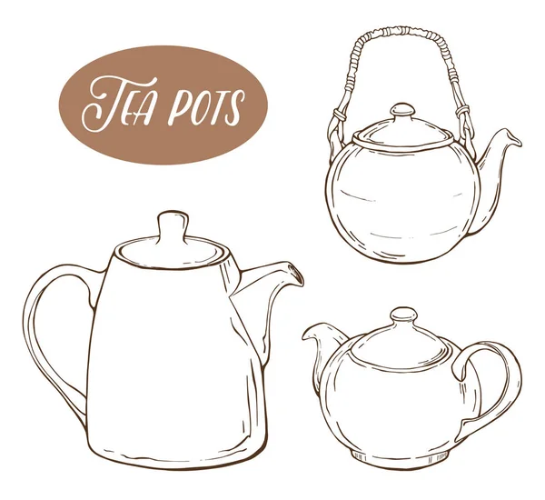 Set with three different teapots, isolated elements on white background — Stock Vector