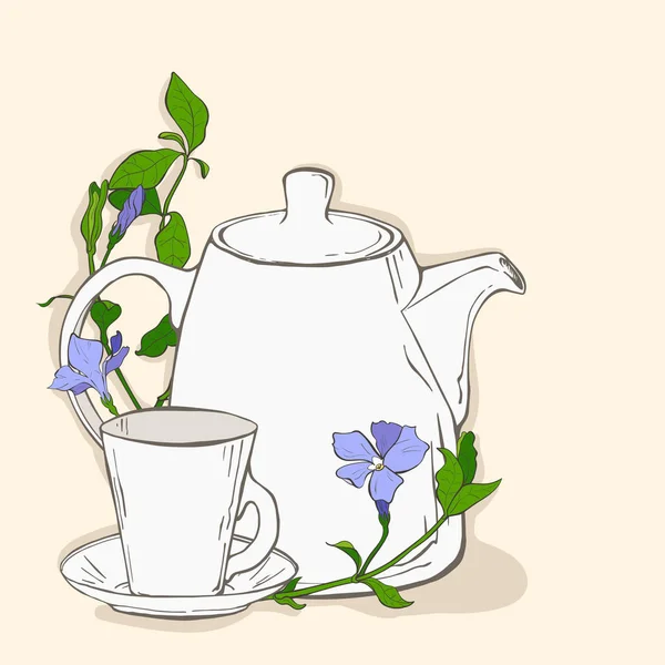 Bonito cartel con tetera y taza y flores de periwinkle — Vector de stock