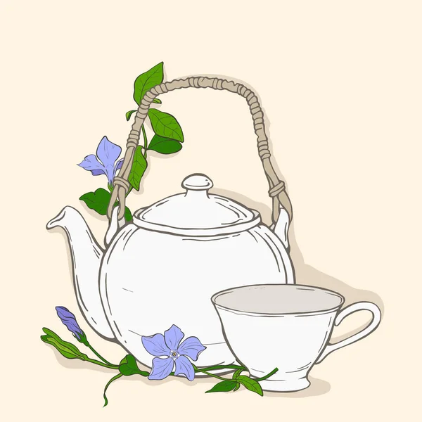 Bonito cartel con tetera y taza y flores de periwinkle — Vector de stock