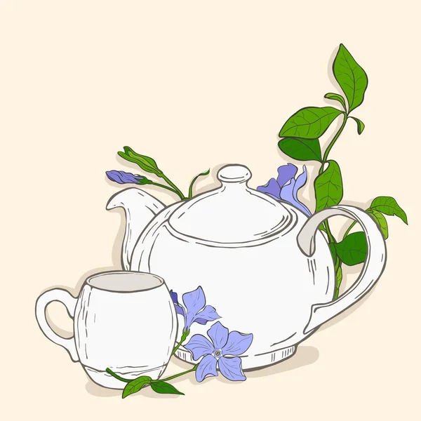 Niedliches Poster mit Teekanne und Tasse und Blumen von Immergrün — Stockvektor