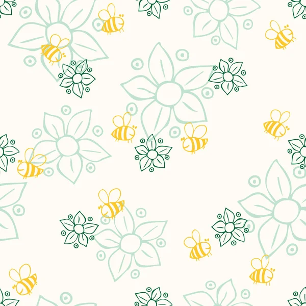 Seamless pattern with yellow bees and flowers. Floral design for wedding invitations and birthday cards — Stock Vector