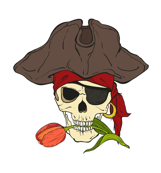 Cráneo pirata con sombrero, parche para los ojos y tulipán rojo sobre fondo blanco — Vector de stock