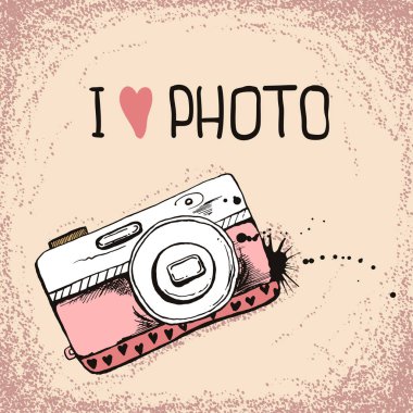 El çizilen illüstrasyon fotoğraf makinesi ile doku ve kalp