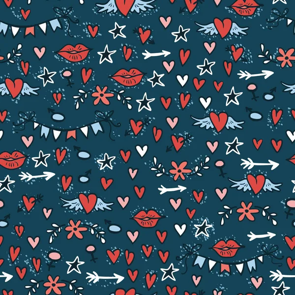 Doodle nahtloses Muster mit Herzen, Sternen, Lippen, Pfeilen und Blumen — Stockvektor