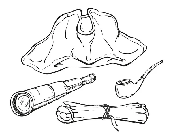 Пиратская шляпа, курительная трубка, карта и шпионское стекло, очертания эскиза — стоковый вектор