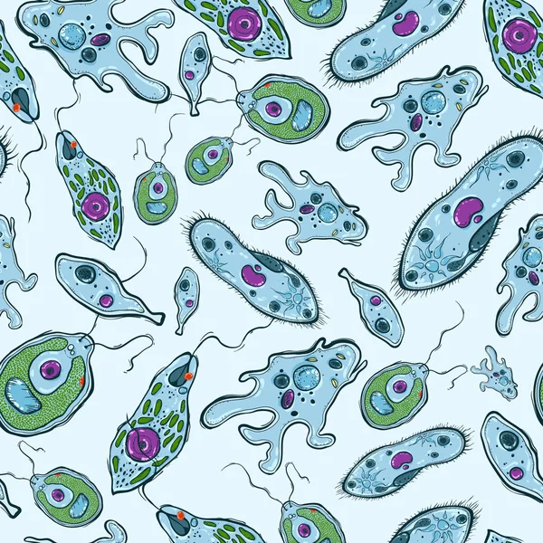 파란색 배경에 미생물과 완벽 한 패턴 — 스톡 벡터