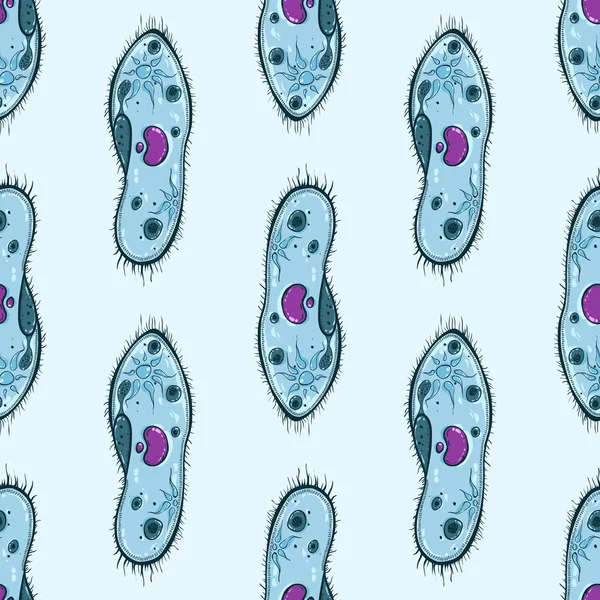 Seamless pattern with microorganisms Paramecium on blue background — Stock Vector