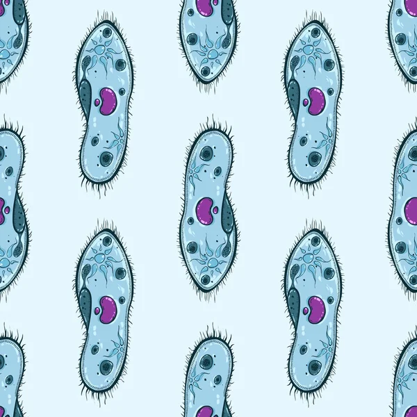 Seamless mönster med mikroorganismer Paramecium på blå bakgrund — Stock vektor