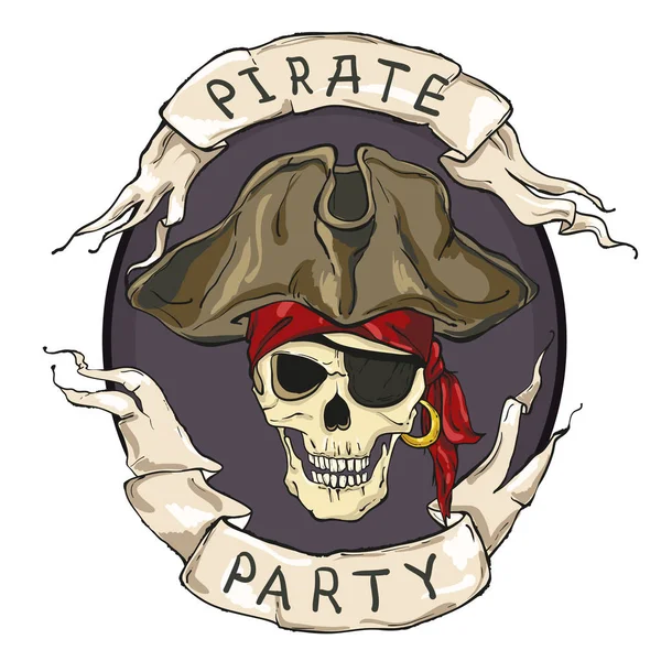 Festa pirata, emblema oval, crânio sobre fundo escuro e duas fitas —  Vetores de Stock