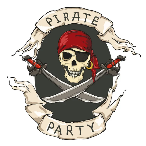 Festa do pirata, emblema oval, crânio com duas espadas no fundo escuro e duas fitas —  Vetores de Stock