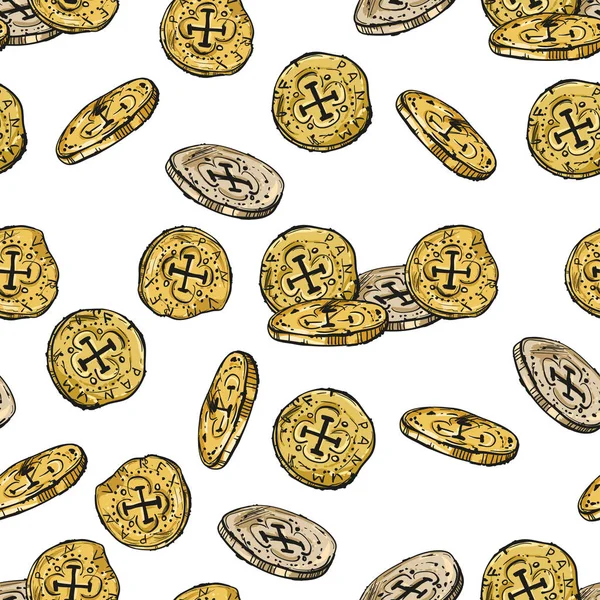 Nahtloses Muster mit Goldmünzen auf weißem Hintergrund — Stockvektor