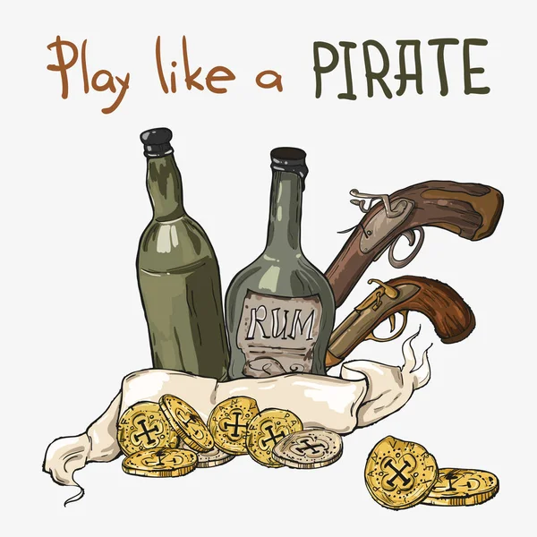 Botellas de ron, monedas, pistolas y cinta sobre fondo blanco. Conjunto pirata — Archivo Imágenes Vectoriales