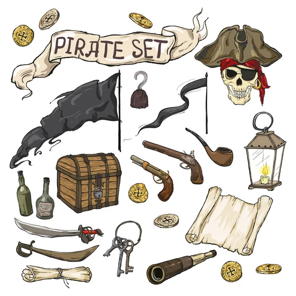 Big pirate set, different objects, isolated on white background — Stock Vector