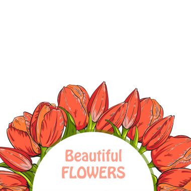 Daire şeklinde beyaz zemin üzerine kırmızı lale çiçekler, tasarım şablonu