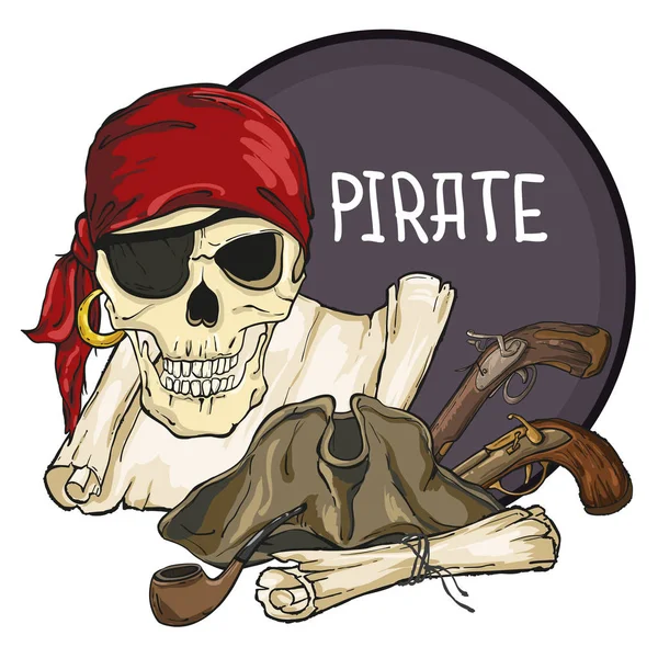 Godło pirata z czaszki, kapelusz, mapy, pistolety i fajka na tle koło — Wektor stockowy