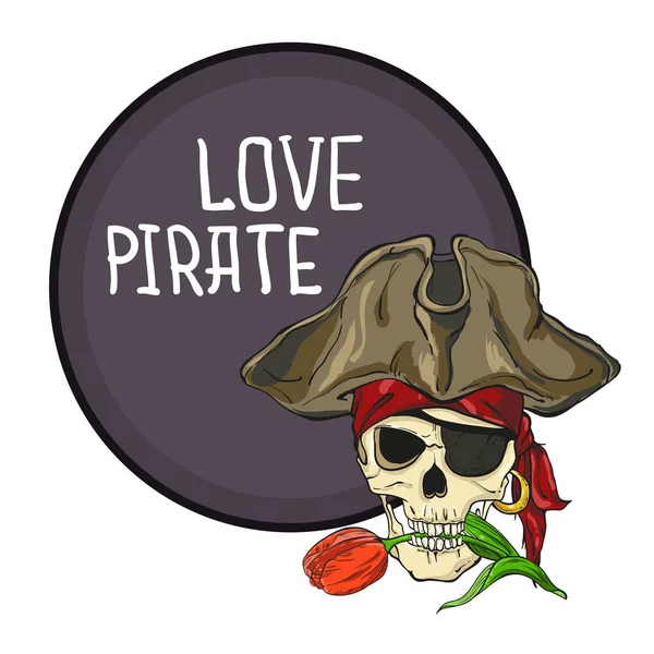 Піратська емблема з любов'ю піратський череп з червоним тюльпаном на фоні кола — стоковий вектор