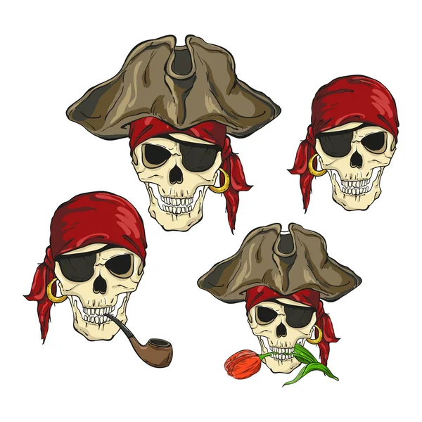 Quatro crânios de piratas, isolados sobre fundo branco —  Vetores de Stock