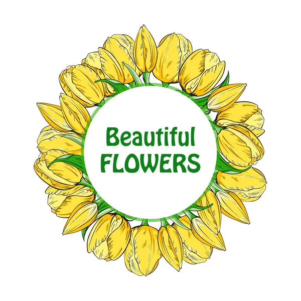 Forma de círculo de flores de tulipanes amarillos sobre fondo blanco, plantilla para su diseño — Vector de stock