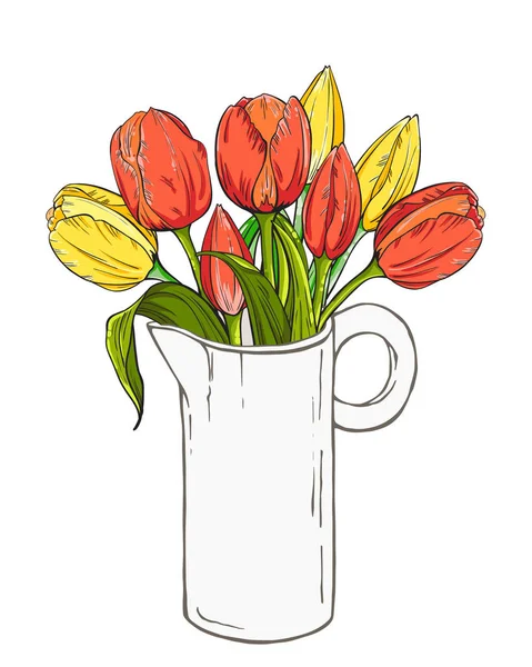 Ramo de tulipanes rojos y amarillos en jarrón blanco, aislado sobre fondo blanco — Vector de stock