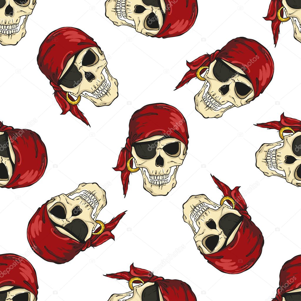 Seamless pattern with pirates skulls on white background