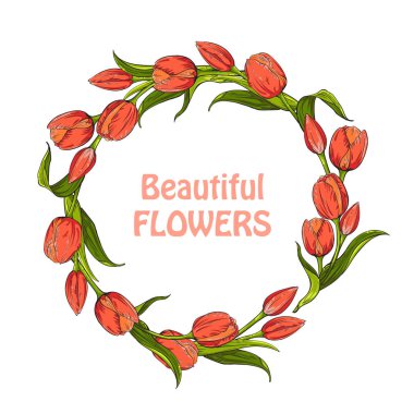 Daire şeklinde beyaz zemin üzerine kırmızı lale çiçekler, tasarım şablonu