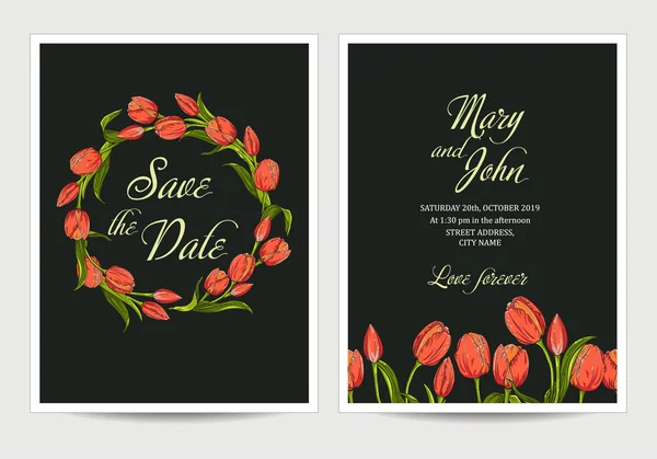 Dos invitaciones oscuras para la boda con tulipanes flores — Vector de stock