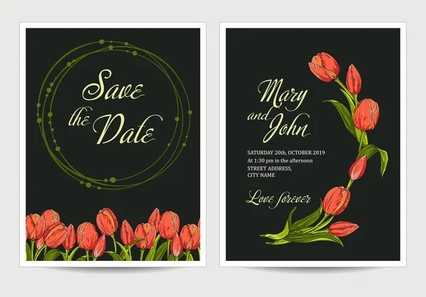 Två mörka inbjudan för bröllop med tulpaner blommor — Stock vektor