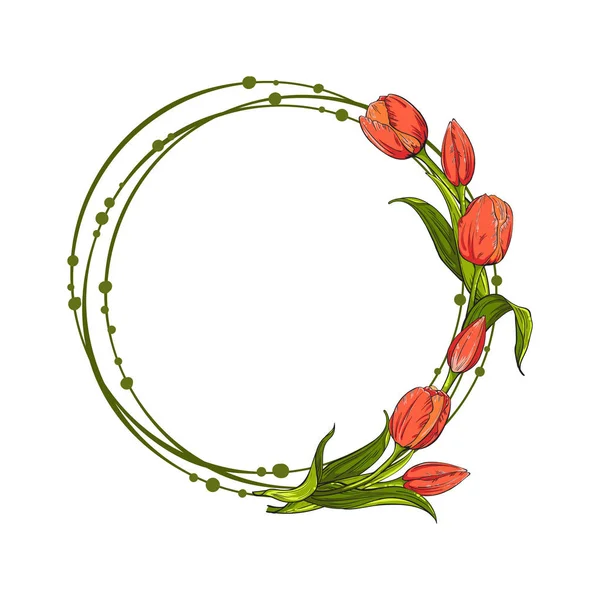 Forma de círculo de flores de tulipanes rojos sobre fondo blanco, plantilla para su diseño — Vector de stock