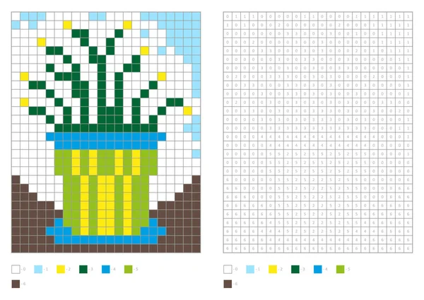 Numaralandırılmış kareleri boyama kitabı. Sayfa, boyama çocuklar piksel boyama. Cam vazo içinde sunulan ev bitki. — Stok Vektör