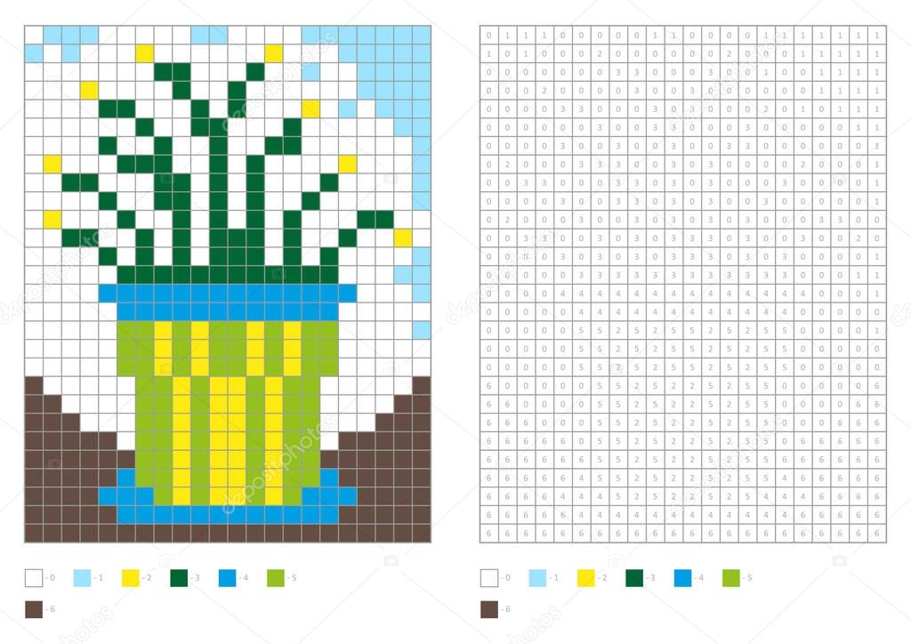 Coloring book with numbered squares. Kids coloring page, pixel coloring. Home plant in vase.