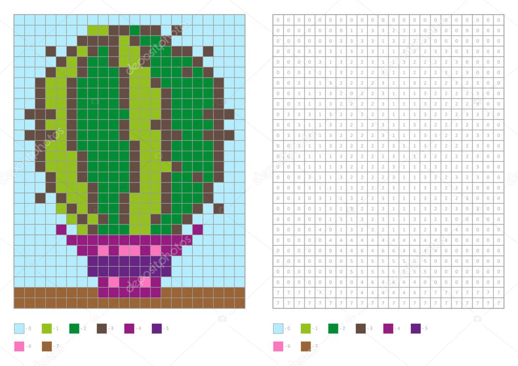 Kids coloring page, pixel coloring. Home plant in vase