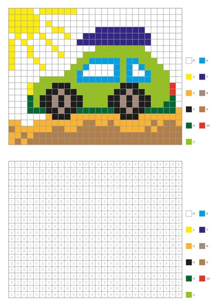 Numaralandırılmış kareleri boyama kitabı. Sayfa, boyama çocuklar piksel boyama. Yeşil Araba — Stok Vektör