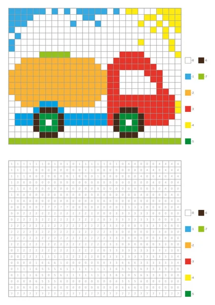 番号の付いた正方形の塗り絵。子供のページを着色ピクセルの色。赤い車 — ストックベクタ