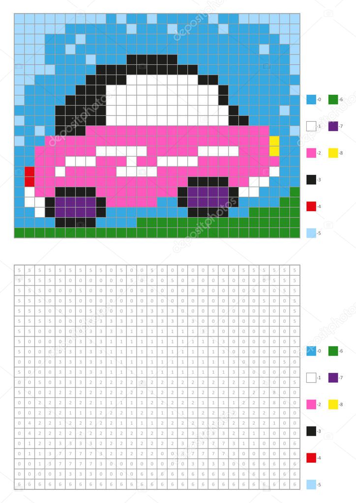 Coloring book with numbered squares. Kids coloring page, pixel coloring. Pink glamour car