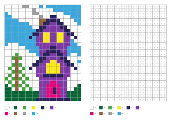 Malbuch mit nummerierten Quadraten. Kinder Malseite, Pixelfärbung. Gebäude, Haus — Stockvektor