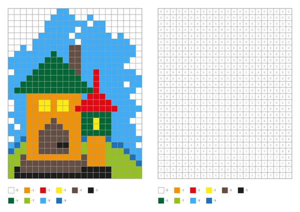 Livre à colorier avec carrés numérotés. Coloriage enfants, coloriage pixel. Bâtiment, maison — Image vectorielle