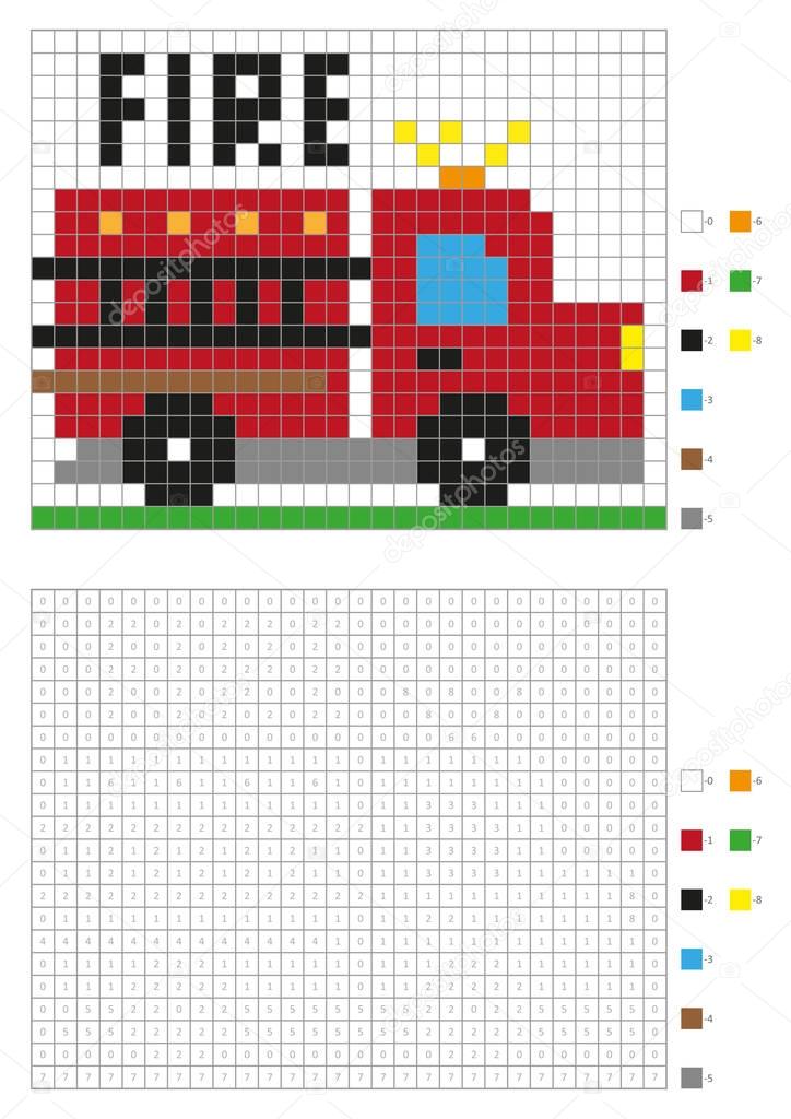 Coloring book with numbered squares. Kids coloring page, pixel coloring. Fire track