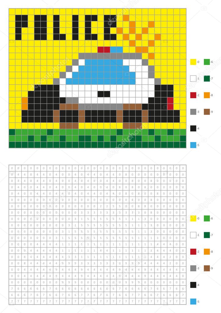 Coloring book with numbered squares. Kids coloring page, pixel coloring. Police car