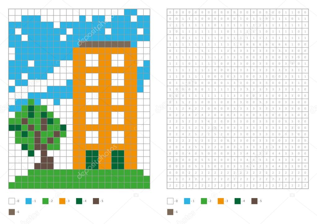 Coloring book with numbered squares. Kids coloring page, pixel coloring. Big building, skyscraper