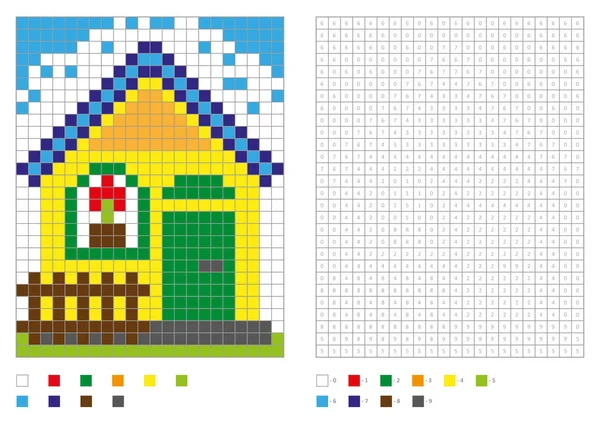 Libro para colorear con cuadrados numerados. Página para colorear para niños, píxeles para colorear. Edificio, casa — Vector de stock
