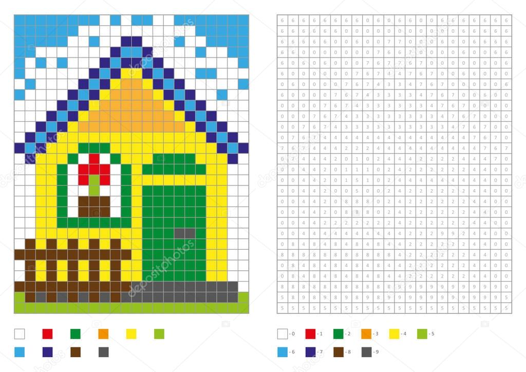 Coloring book with numbered squares. Kids coloring page, pixel coloring. Building, house