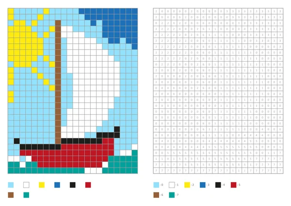 Página para colorear para niños, píxeles para colorear con cuadrados numerados. Barco — Archivo Imágenes Vectoriales