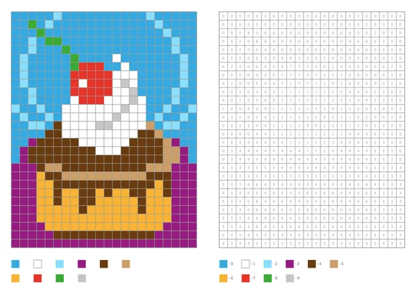 Дитяча розмальовка сторінка, піксельна розмальовка з нумерованими квадратами. Торт з вершками та вишнею — стоковий вектор