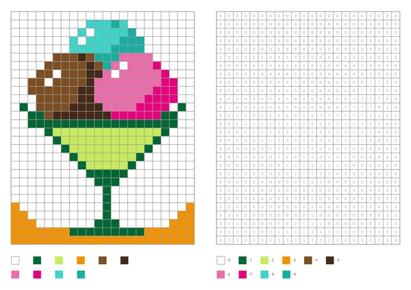 Coloriage enfants, coloriage pixel avec carrés numérotés. Glace — Image vectorielle