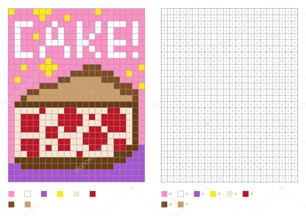 Kids coloring page, pixel coloring with numbered squares. Cherry pie